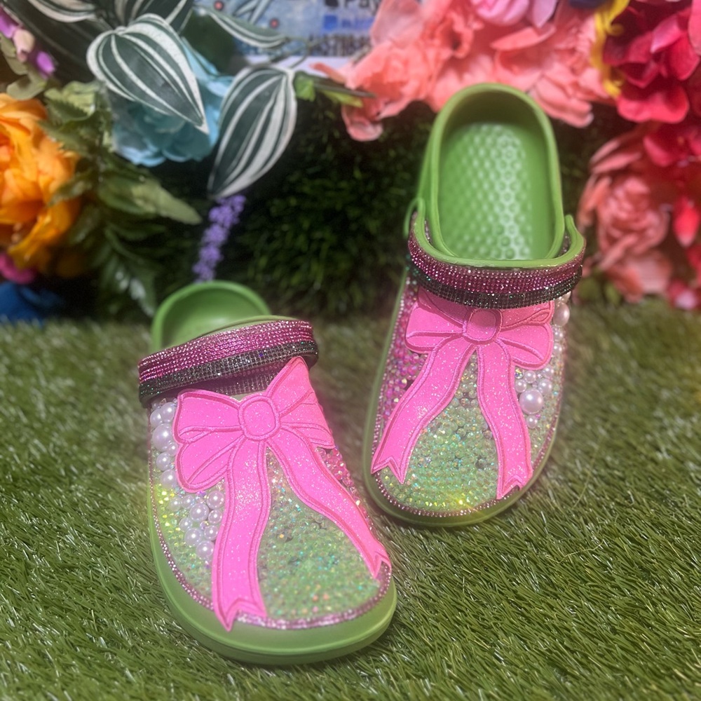 Sparkling Bow Kids Slippers - Green and Pink